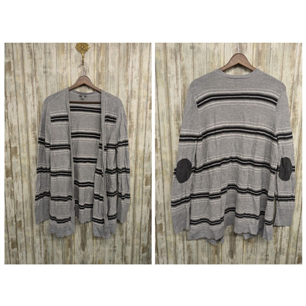 Talbots Ribbed Striped Gray Longline Elbow Patch Knit Open Cardigan Sweater 1X